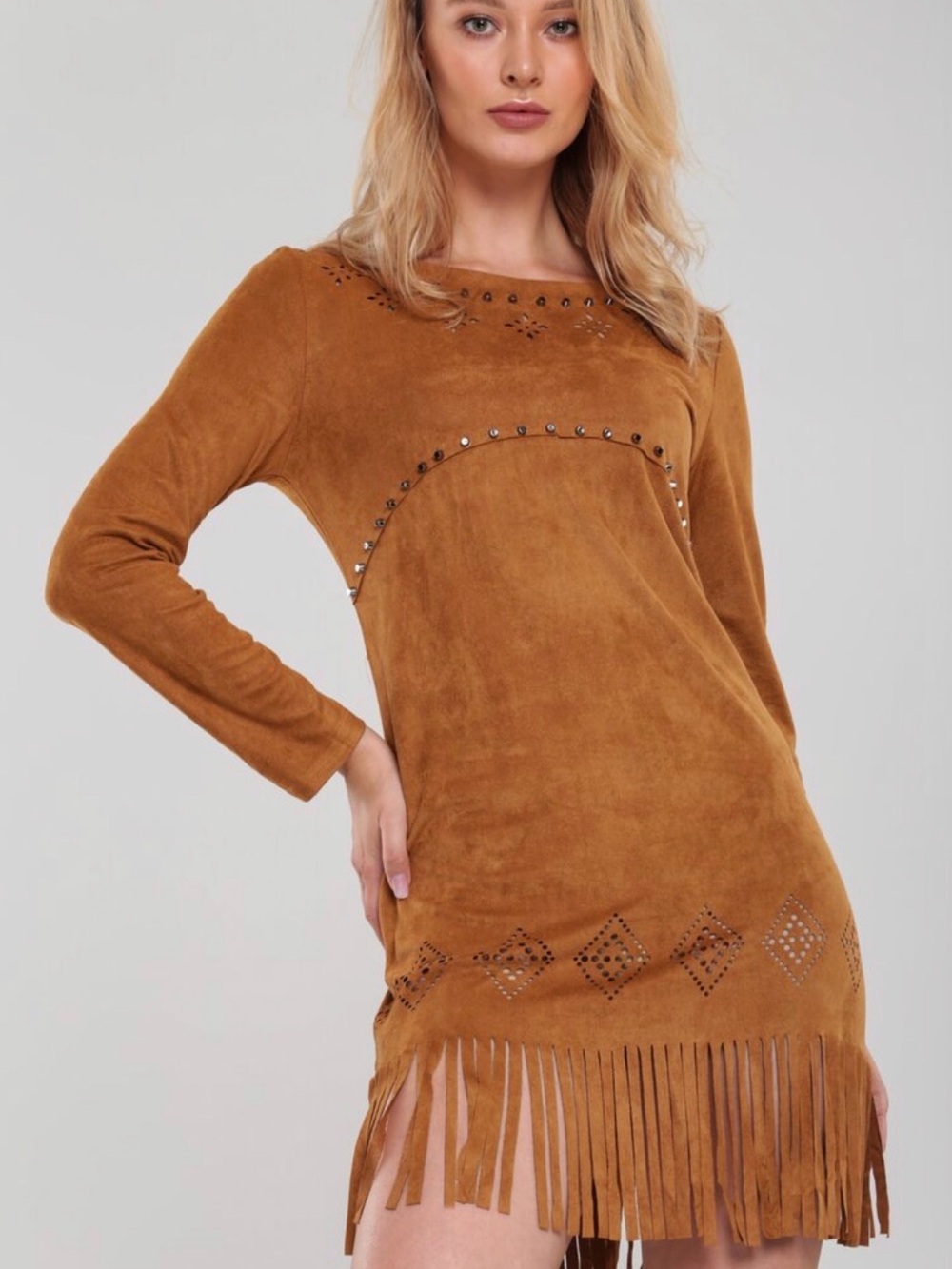 Neslay Boho Faux Suede Fringe Studded Western Dress - New with tags